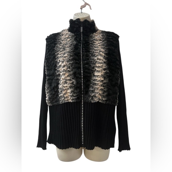 Fontana Women’s Size Large Black Faux Fur Knit Jacket with Rhinestone Zipper - Picture 1 of 11
